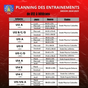 Planning des entrainements de U12 à U16A